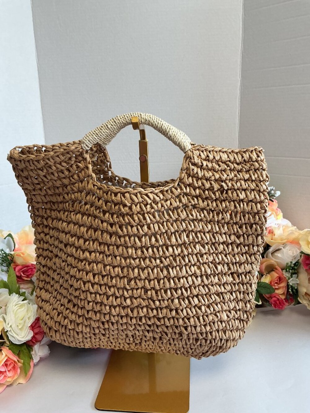 Mark & Graham Woven Straw Tote Natural Tan Ivory Wrapped Handles Coastal Resort - Picture 6 of 11